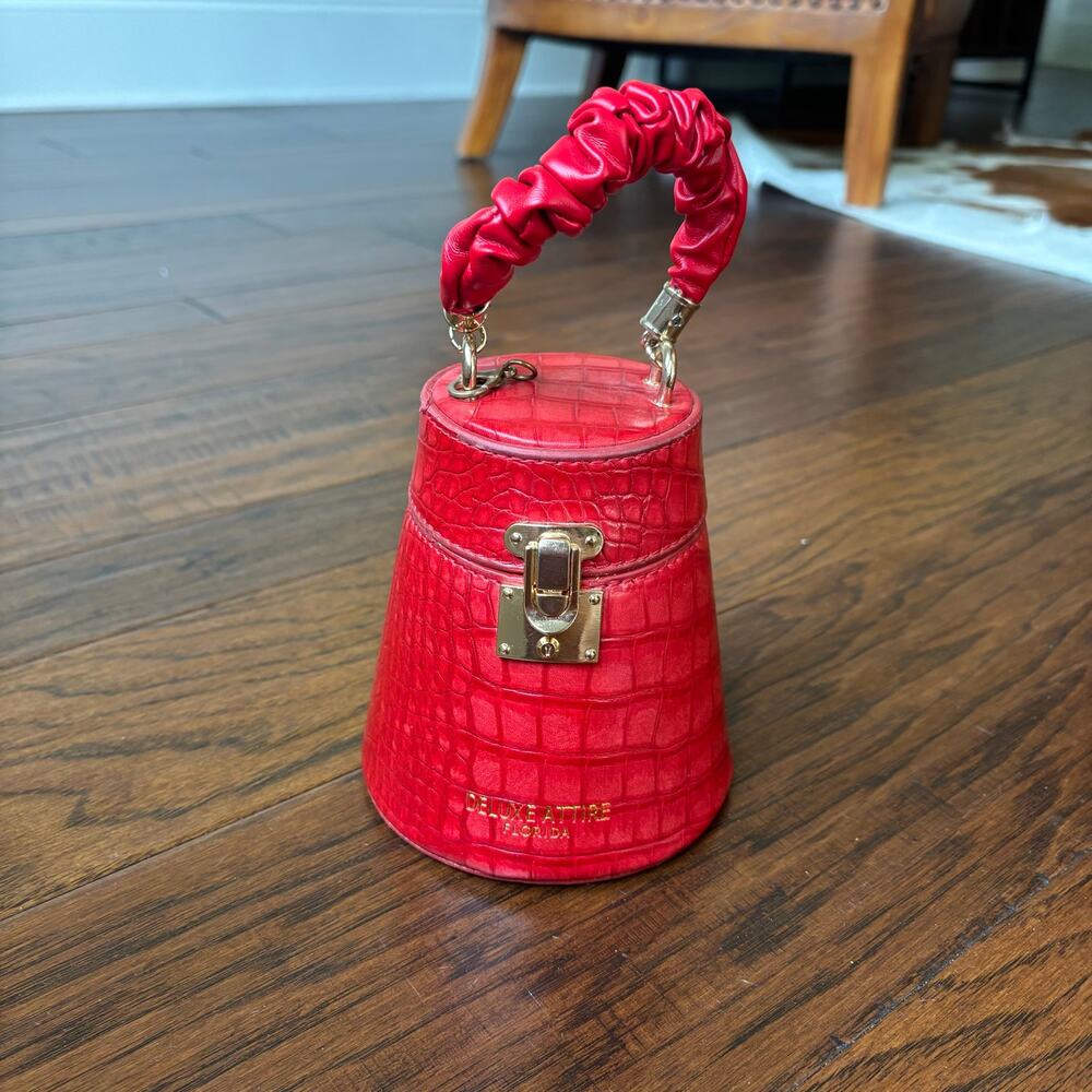 Deluxe Attire Florida Red Croc Embossed Bucket Bag Ruched Scrunchie Top Handle